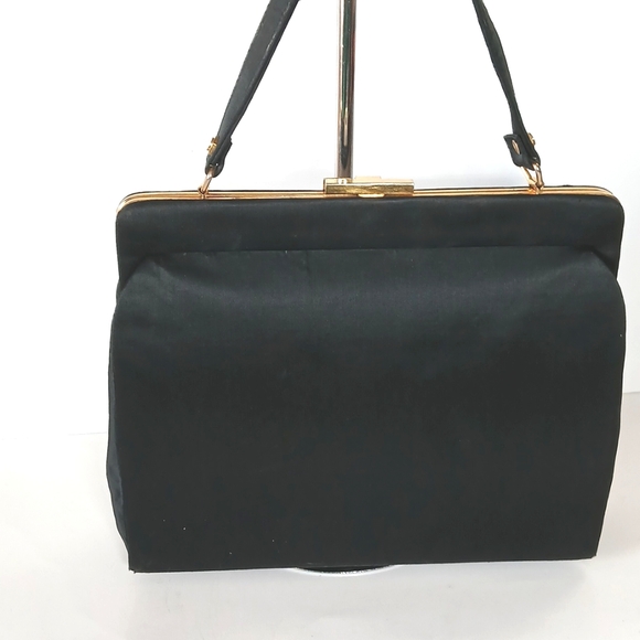 👜 1940s Tano of Madrid Black Silk Handbag Gold Clasp Made in Spain Retro - Picture 10 of 14